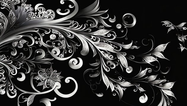 Delicate intricate filigree detailed silver design on black background. Floral pattern texture metal element. Ornate tattoo art.