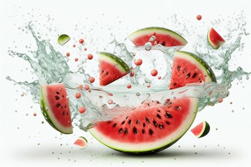 Watermelon falling in the water, Fruit, Water splash, Isolated on white background, Generative Ai