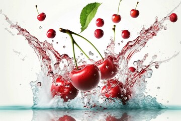 Fototapeta na wymiar Cherries falling in the water, Fruit, Cherry, Water splash, Isolated on white background, Generative Ai