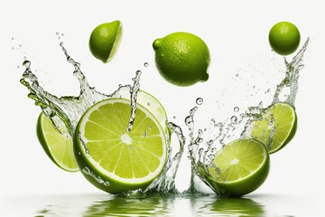 Lime falling in the water, Fruit, Cytrus, Limes, Water splash, Isolated on white background, Generative Ai