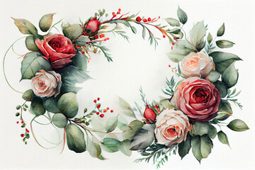 Frame in circle shape, decorated with roses and leaves in white background with watercolor style, beautiful art, inspiration for invitation, greeting card, photo frame, memo, note