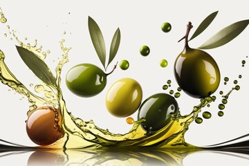 Olives falling into the olive oil, Olive, olive oil, oil splash, Isolated on white background, Generative Ai