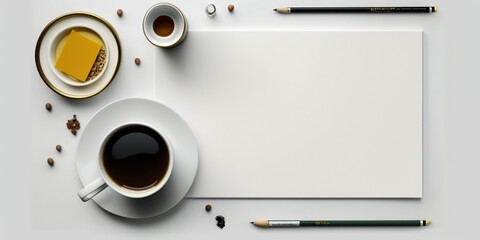 Flat lay of coffee on a cartoonist's desk on a panoramic white background, with a blank page. Ai generated