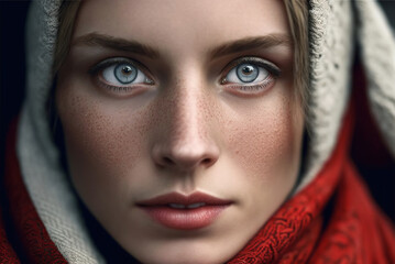 Close-up of the face of a beautiful woman with Nordic features and beautiful eyes. Ai generated.