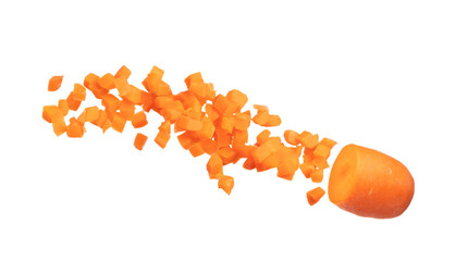 Carrot fresh full length fly float in Air turn to Cube dice shape. Beta Carotene orange color in...