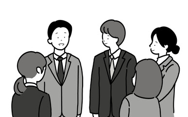 集まって話をしているスーツの男女5人 © jug emu