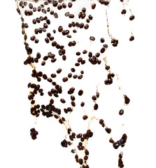 Coffee drink water mix bean seed fall pouring down form line of espresso black coffee splashes drop roasted coffee bean attack fluttering in air, stop motion freeze. Splash water drink seed texture