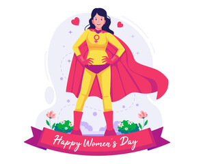 A Woman wearing a superhero costume with a cape in order to celebrate Women's Day. Feminist superhero. International Women's Day 8 March concept illustration
