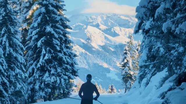 Unknown people ski at famous Langis ski resort in Switzerland