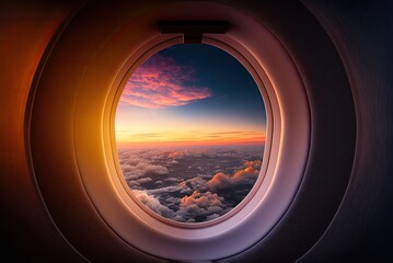 Charming aerial view of the sky from the airplane window during sunset and golden hour, on the way to vacation. AI generative