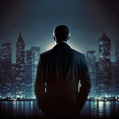 Fototapeta na wymiar Businessman standing with back against night city skyline Generative AI