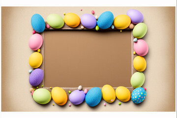 Fototapeta na wymiar Easter Eggs Day horizontal frame, postcard kraft, with eggs, bunnies, chocolates, copy space, generative ai