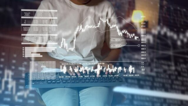 Futuristic trading concept virtual screen metaverse technology, Finance data analytics, Graph chart report, woman typing on keyboard investment data digital, financial management technology