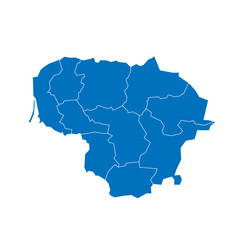 Lithuania political map of administrative divisions - counties. Solid blue blank vector map with white borders.