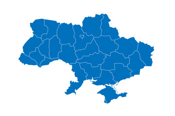 Fototapeta premium Ukraine political map of administrative divisions - regions, two cities with special status of Kyiv and Sevastopol, and autonomous republic of Crimea. Solid blue blank vector map with white borders.