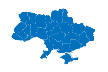 Ukraine political map of administrative divisions - regions, two cities with special status of Kyiv and Sevastopol, and autonomous republic of Crimea. Solid blue blank vector map with white borders.