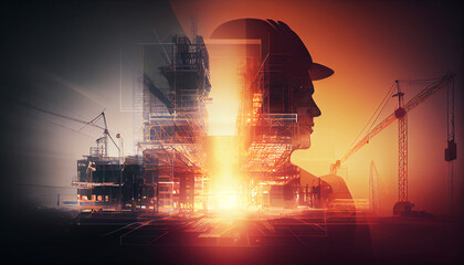 illustration digital building construction engineering with double exposure graphic design. Building engineers, architect people, or construction workers working. Generative AI  - obrazy, fototapety, plakaty