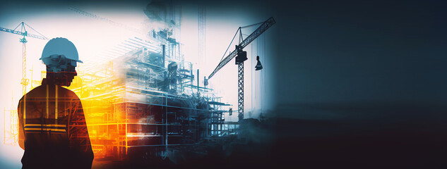 illustration digital building construction engineering with double exposure graphic design. Building engineers, architect people, or construction workers working. Generative AI 