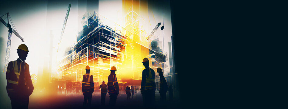 illustration digital building construction engineering with double exposure graphic design. Building engineers, architect people, or construction workers working. Generative AI 