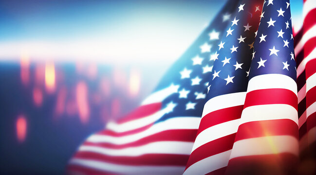 American Flags with copy space blurred background.Happy Presidents' Day Text Over Blue Bokeh Lights Texture Background and American Flags.Generative AI