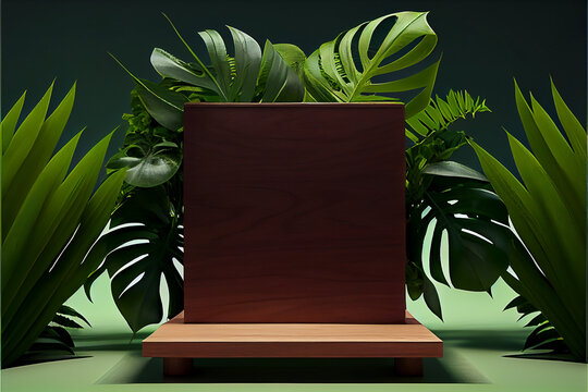 Green 3D Square Wood Podium with Monstera Leaf. Created with Generative AI Technology