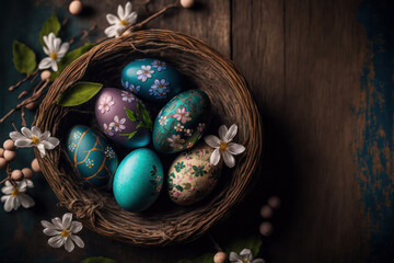 colorful easter nest with easter eggs, generative ai - 570453721