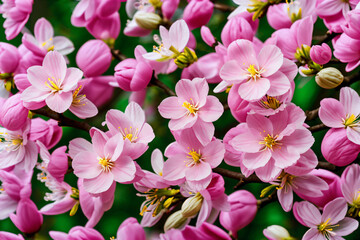 Naklejka na ściany i meble Beautiful pink spring tree blossoms closeup. Generative AI illustration
