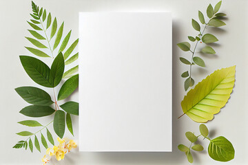 Clean blank for mockup on white background with spring leaves. Flat Lay style