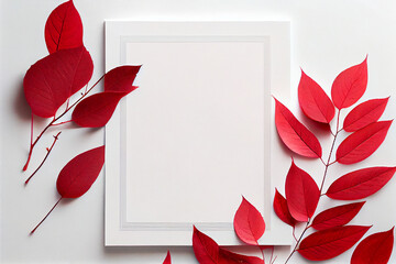 Clean blank for mockup on white background with red leaves. Flat Lay style