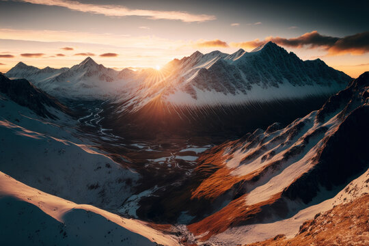 scenic sunrise in the high mountains of the alpes, Generative AI