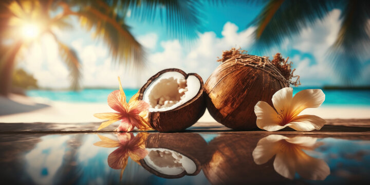 a cocunut with flowers under palm trees at the beach, Generative AI