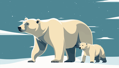The white bear and her cub bear walks through the snow. Mother and child. The glacier, snow-covered plains. Starry night in the North. Landscapes of the Arctic. Vector illustration