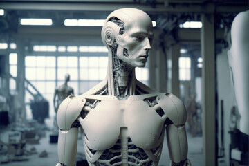 Fototapeta na wymiar incomplete humanoid android covered in white ceramic parts, Generative AI