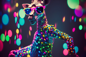 a dancing giraffe wearing disco clothes from the eighties, Generative AI