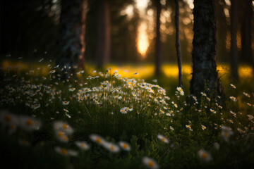 a field of common daisies between some trees in spring sun, Generative AI