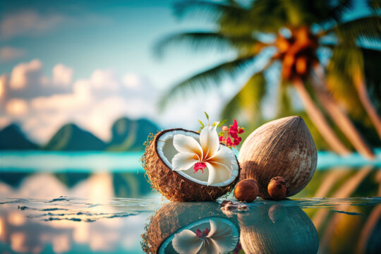 a cocunut with flowers under palm trees at the beach, Generative AI
