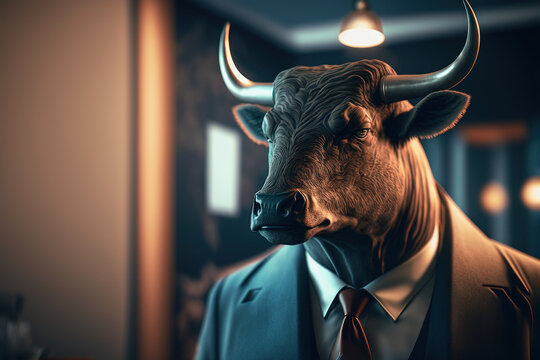 a bull dressed in a business suit at the office, Generative AI