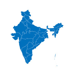 India political map of administrative divisions - states and union teritorries. Solid blue blank vector map with white borders.