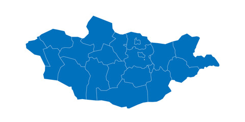 Mongolia political map of administrative divisions - provinces and khot Ulaanbaatar. Solid blue blank vector map with white borders.