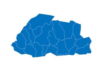 Bhutan political map of administrative divisions - districts. Solid blue blank vector map with white borders.