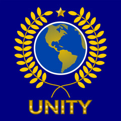 Illustration of earth wreathed by a laurel wreath in gold color which symbolizes unity