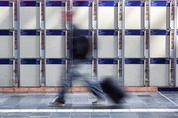 blurred person walks in front of left luggage lockers