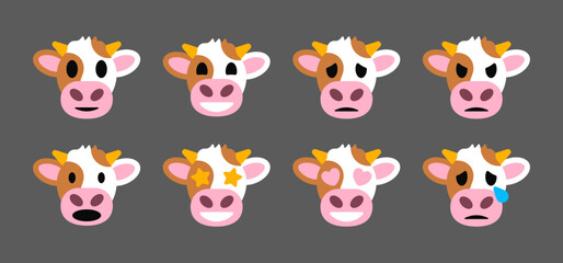 Cow emoji set, vector cow faces, cow emoticons, no background, vectorial cute cow smiley 