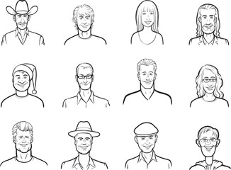 diverse people whiteboard drawing of isolated user profile avatar heads - PNG image with transparent background