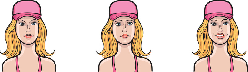 girl in cap face three expressions isolated user profile avatar heads - PNG image with transparent background