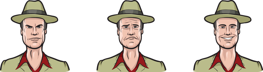 man in hat face three expressions isolated user profile avatar heads - PNG image with transparent background