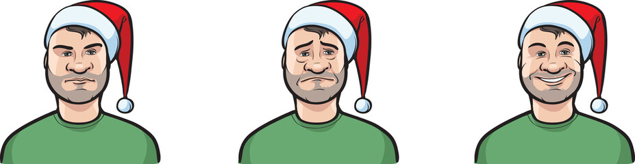 man in Santa hat face three expressions isolated user profile avatar heads - PNG image with transparent background