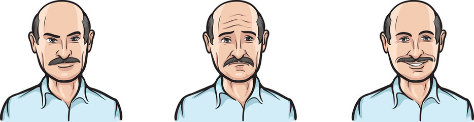 man with mustaches face three expressions isolated user profile avatar heads - PNG image with transparent background