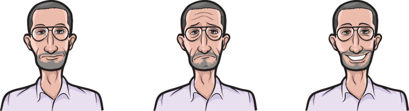guy in glasses unshaved face three expressions isolated user profile avatar heads - PNG image with transparent background