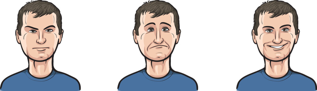 serious guy face three expressions isolated user profile avatar heads - PNG image with transparent background